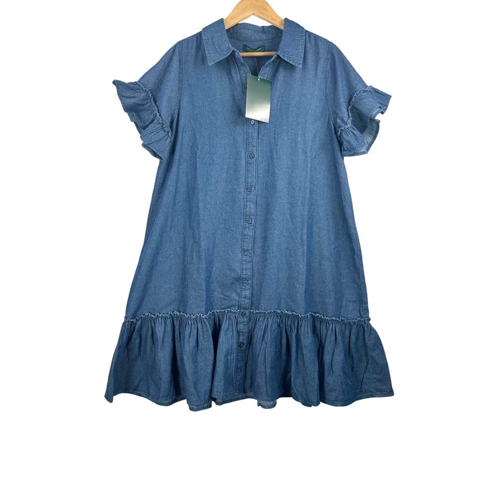 Meadow Rhodes denim Shirt Dress Blue Ruffle Sleeve lagen‎ look relaxed 90s